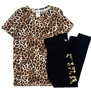 Victoria Secret PINK Set T Shirt & Leggings M/L Black Leopard Logo Outfit Euc